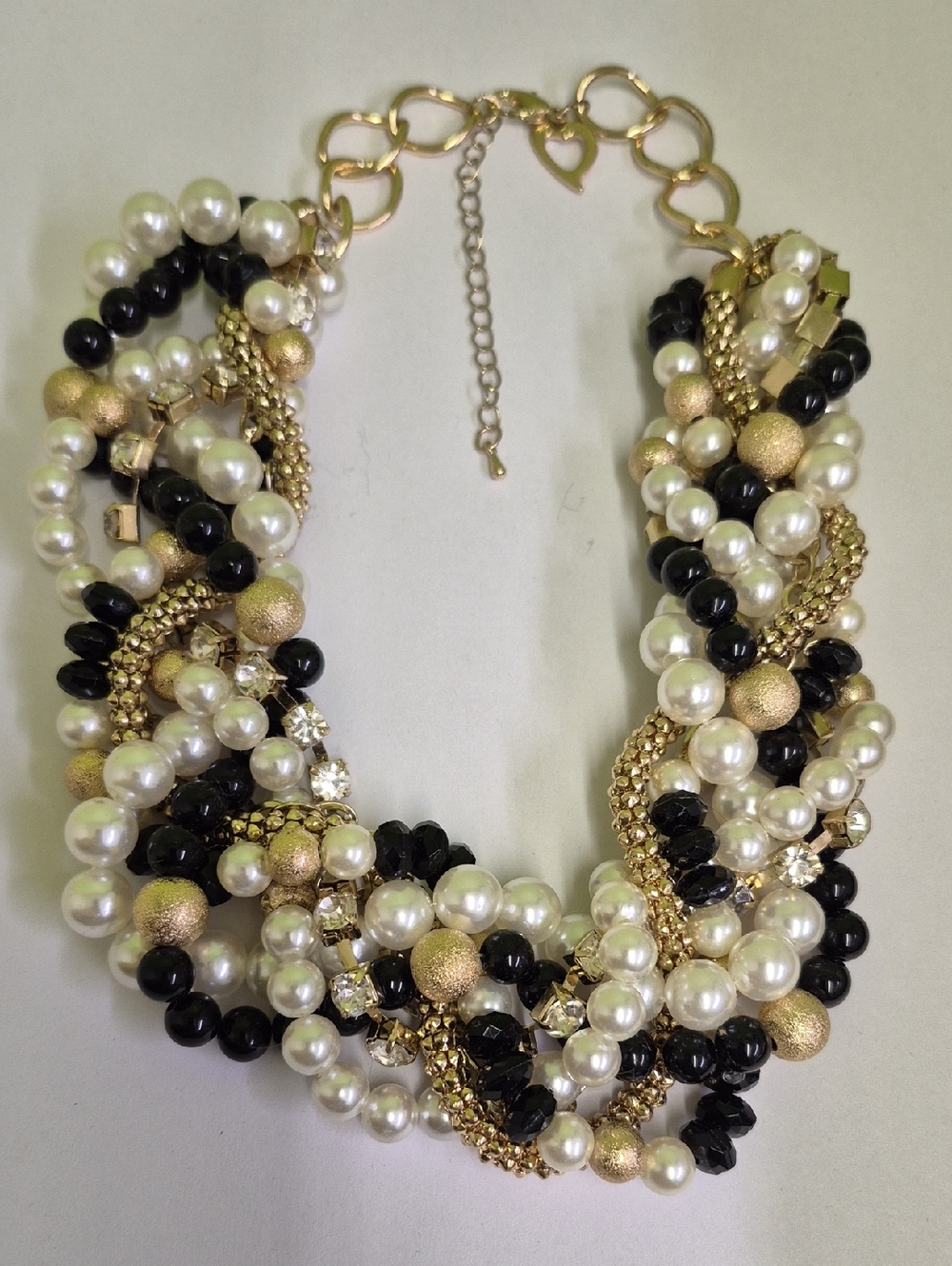 Elegant Pearl & Black Bead Gold-Tone Statement Necklace